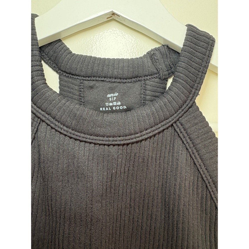 Aerie High Neck Ribbed Crop Top Small Black Seamless Sleeveless Tank 54485 - Picture 2 of 5